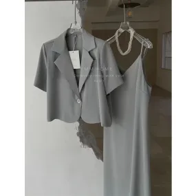 Summer Suit  New plus Size Women's Clothing Plump Girls Short Sleeve Suit Coat Slimming Sling Dress Two-Piece Set