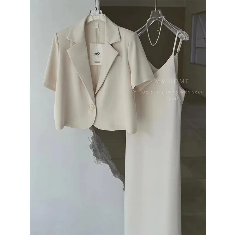 Summer Suit  New plus Size Women's Clothing Plump Girls Short Sleeve Suit Coat Slimming Sling Dress Two-Piece Set
