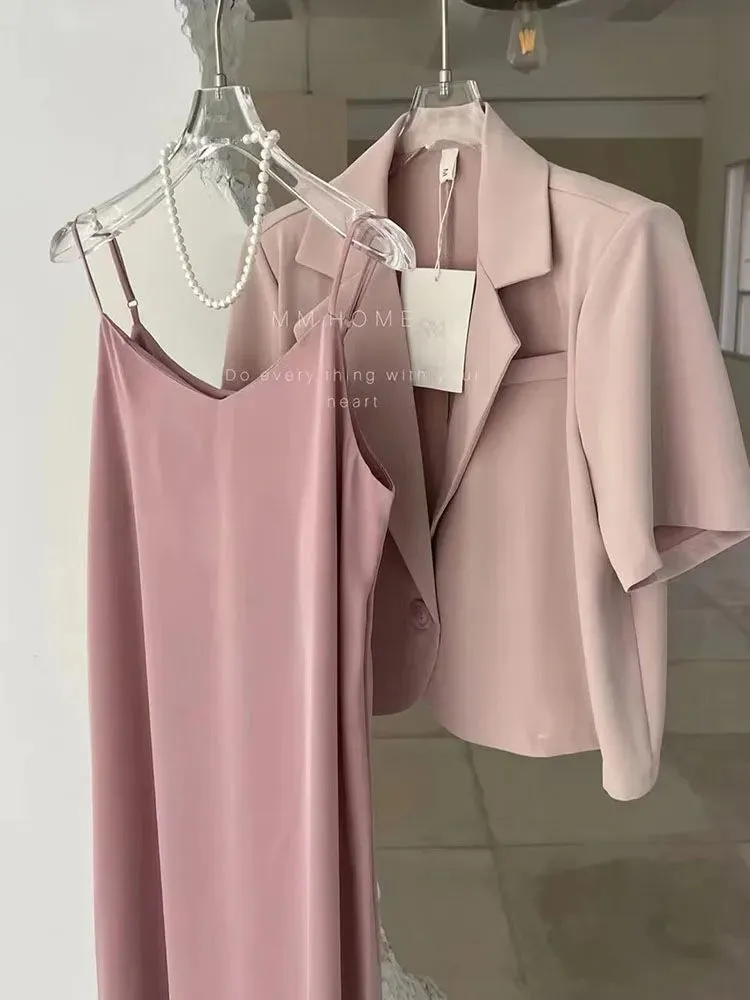Summer Suit  New plus Size Women's Clothing Plump Girls Short Sleeve Suit Coat Slimming Sling Dress Two-Piece Set