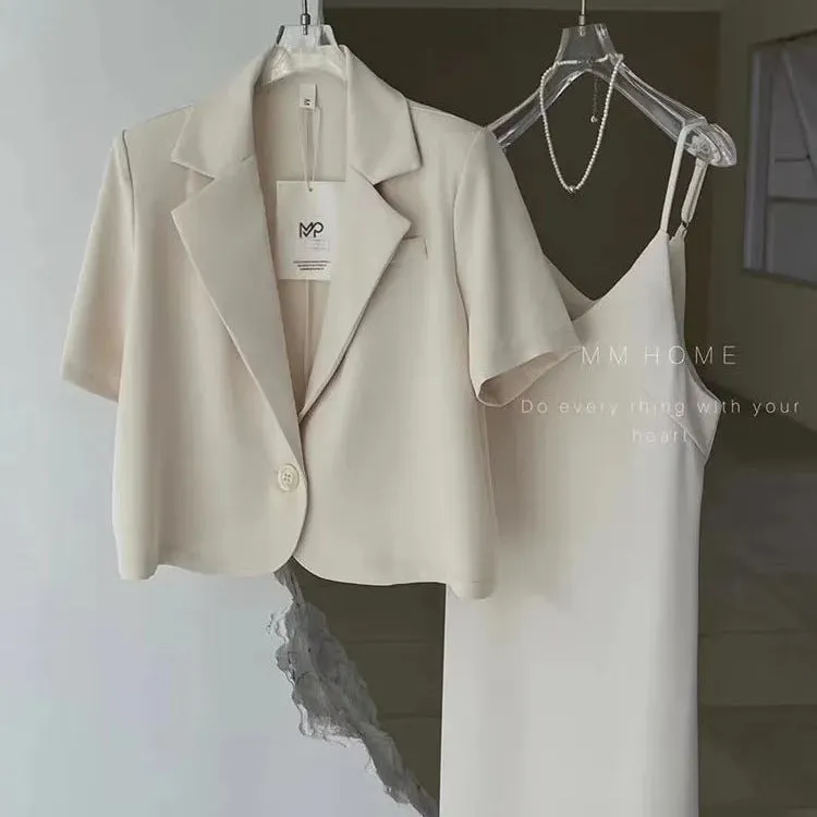Summer Suit  New plus Size Women's Clothing Plump Girls Short Sleeve Suit Coat Slimming Sling Dress Two-Piece Set
