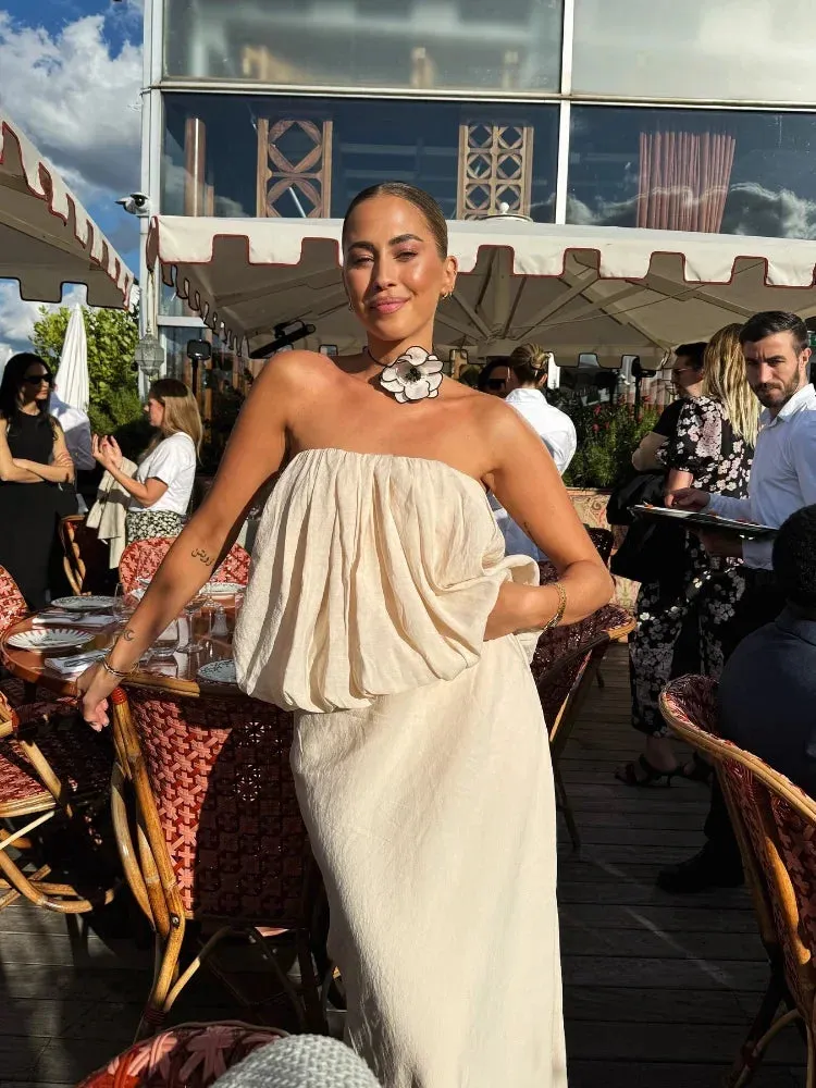 TAVIMART  -  Folded Ruffles Strapless Top Women Suits Chic Sleeveless Short Top Maxi Skirt 2 Pieces Set 2024 Summer Lady Highstreet Outfits