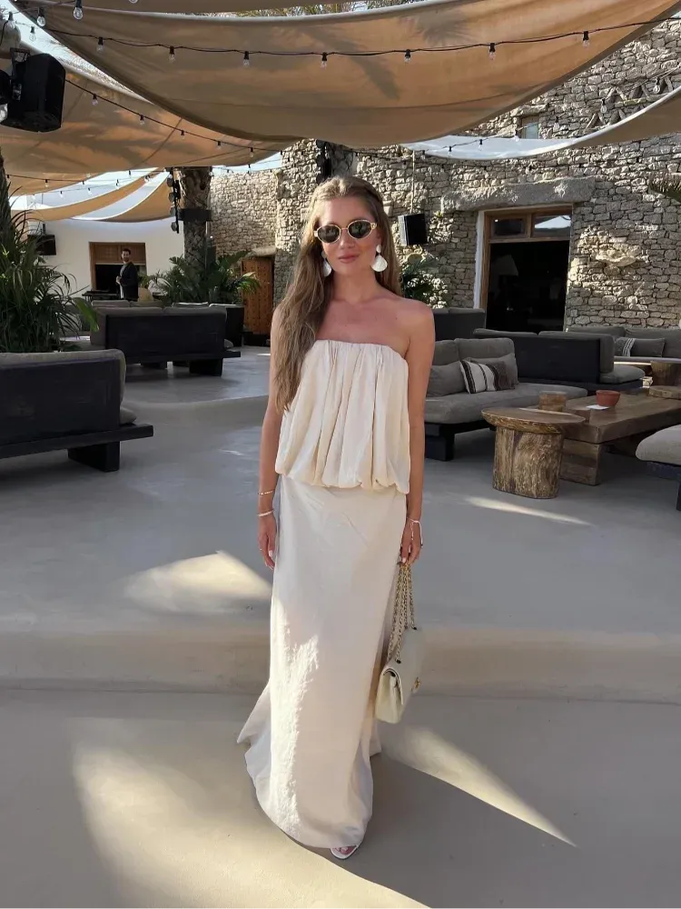 TAVIMART  -  Folded Ruffles Strapless Top Women Suits Chic Sleeveless Short Top Maxi Skirt 2 Pieces Set 2024 Summer Lady Highstreet Outfits