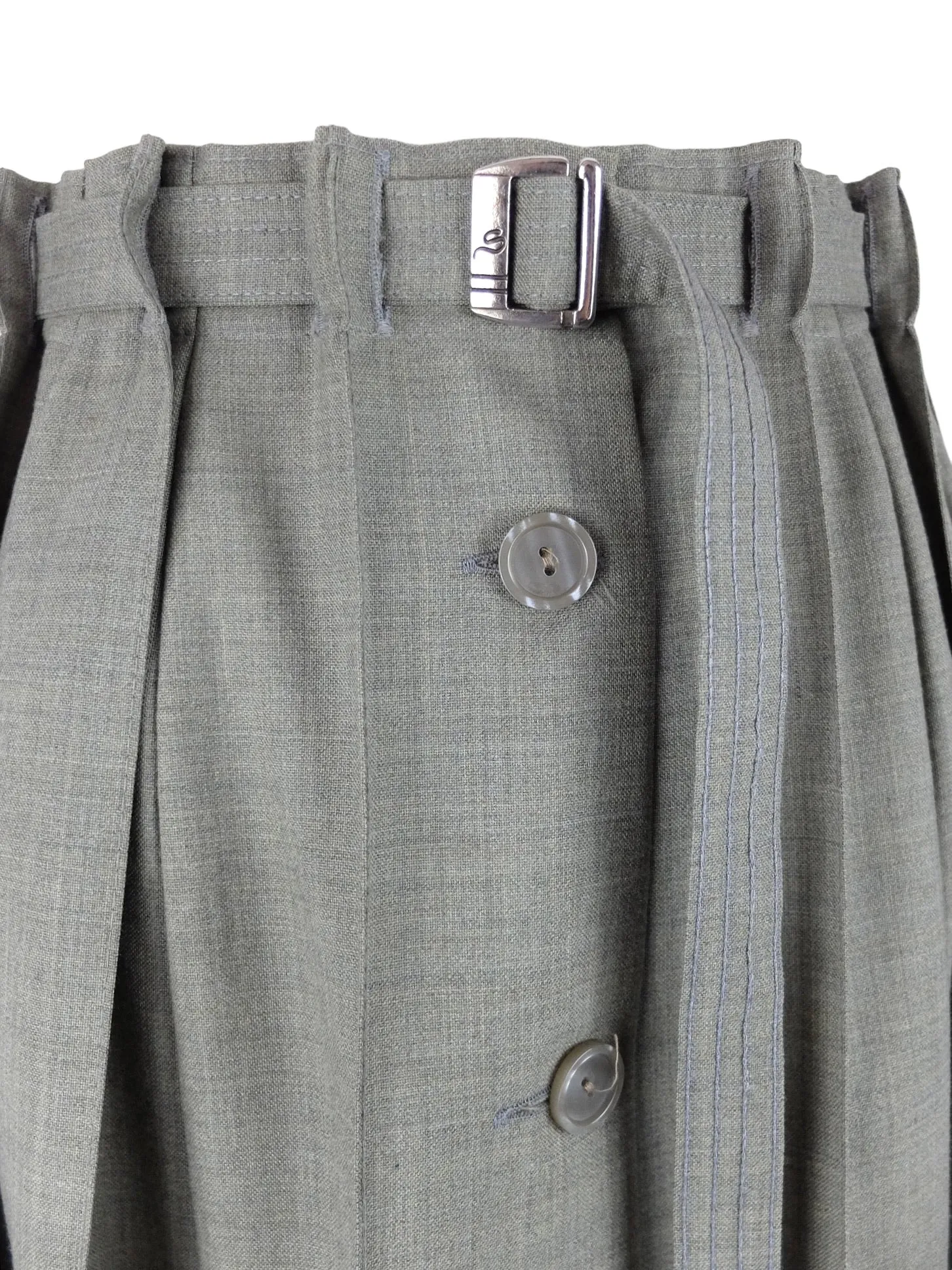 Vintage 80s Wool Mod Chic High Waisted Khaki Green Pleated Button Down Maxi Skirt with Belt