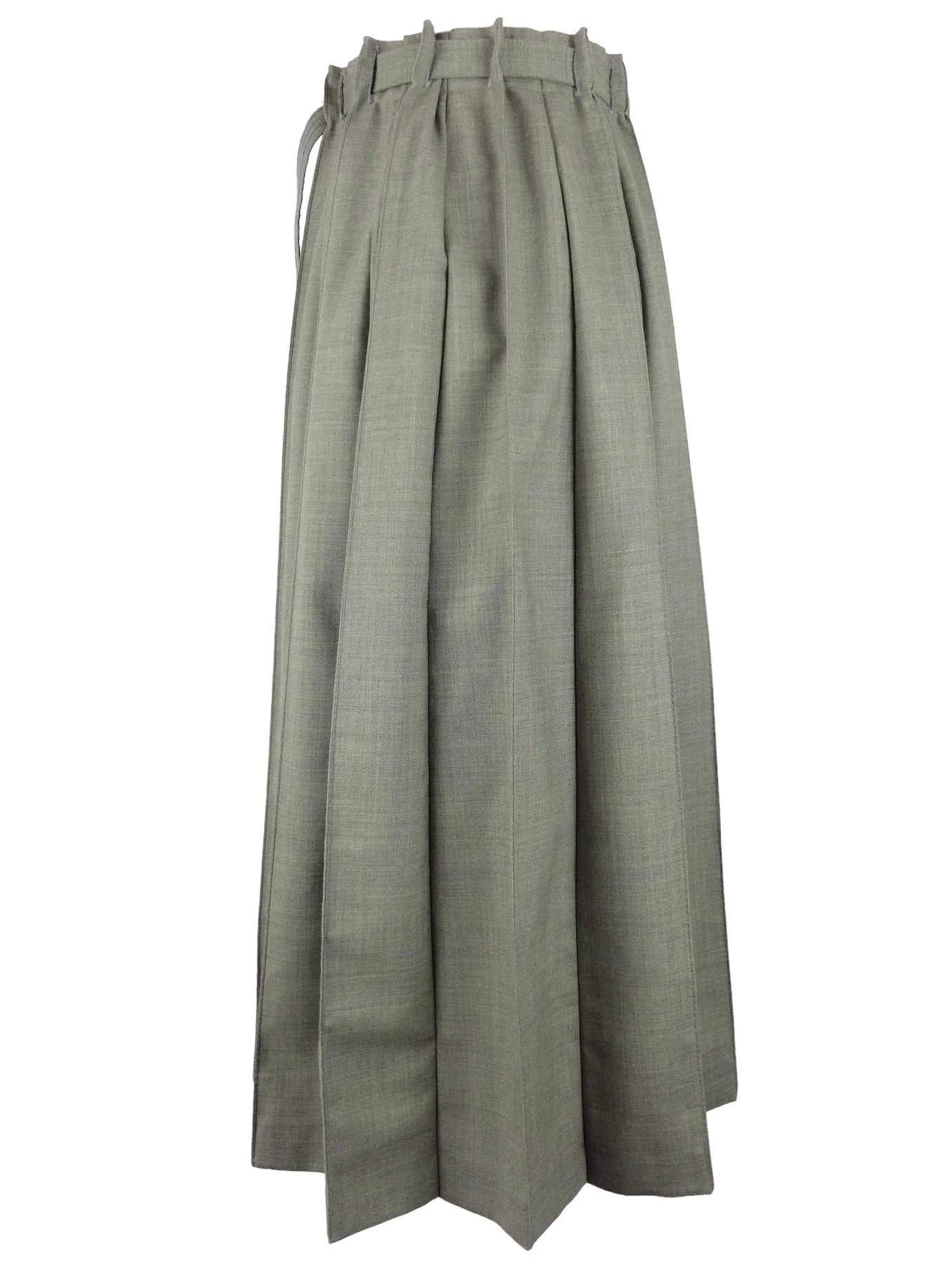Vintage 80s Wool Mod Chic High Waisted Khaki Green Pleated Button Down Maxi Skirt with Belt
