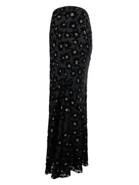 Vintage 90s Silk Blend Chic Formal Black Floral Burnout Velvet Floor Length Skater Circle Maxi Skirt | Size M