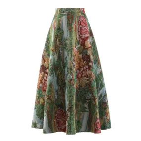 Vintage Jacquard Midi Skirt For Women High Waist A Line Print Colorblock Ruched Long Skirts Female Summer Clothing