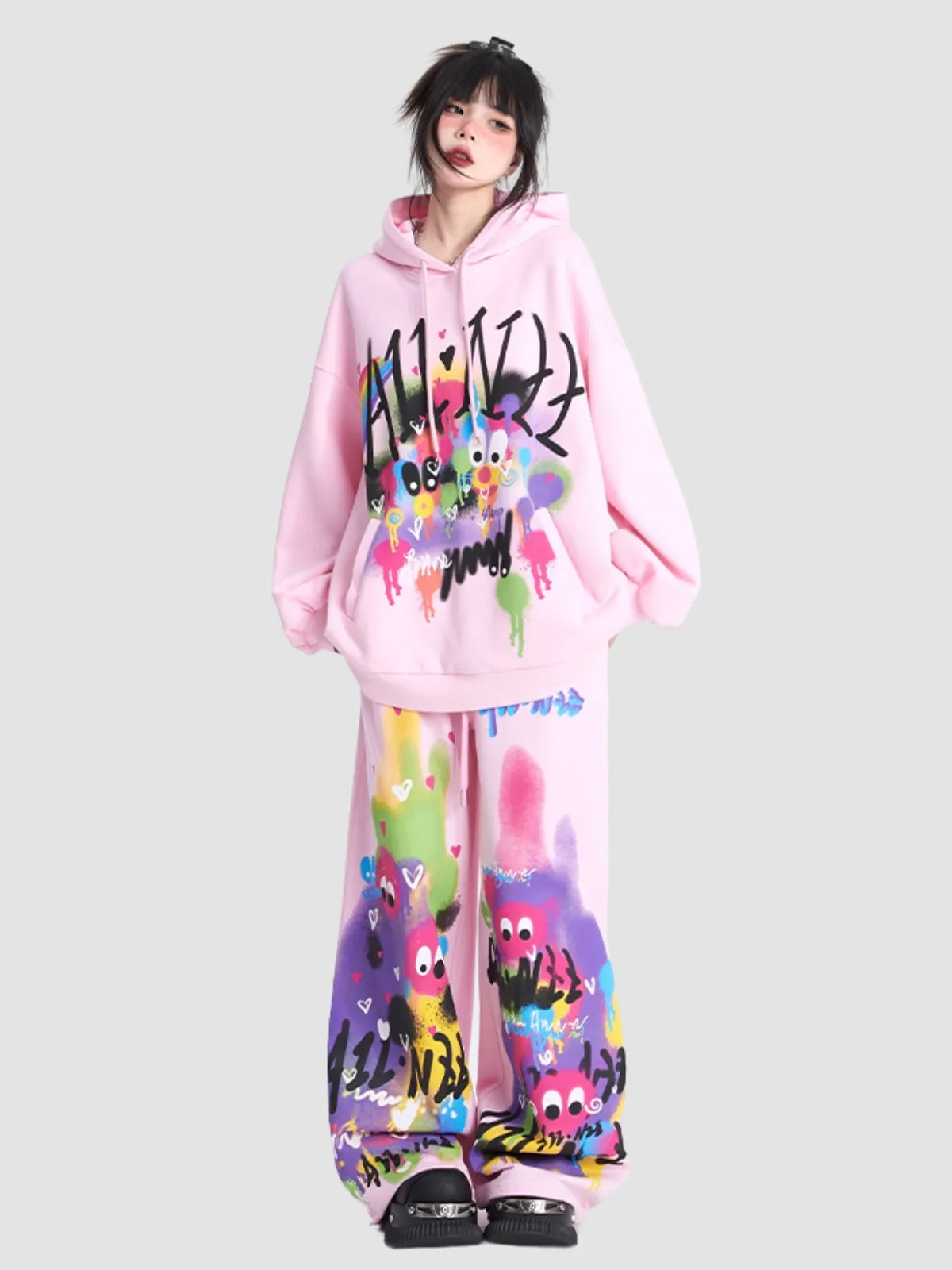 WLS Pink Oversized Hooded Sweatshirt Pants Suit