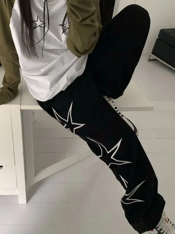 Women Y2K Retro Style Star Print Aesthetic Straight Fut Baggy Wide Leg Hip Hop Sweatpants Trousers