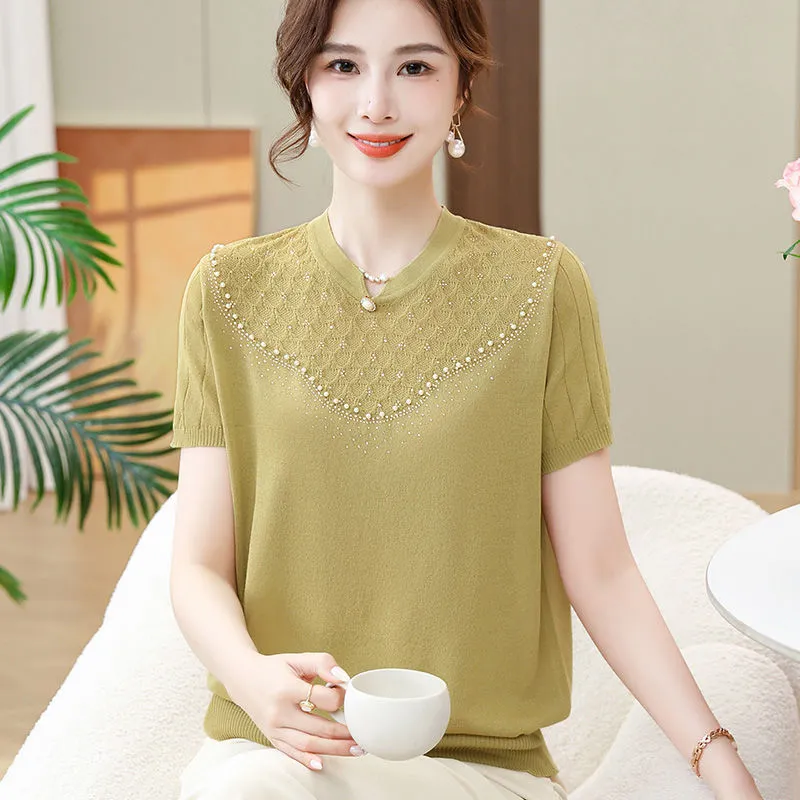 XD Middle-Aged and Elderly Women's Summer Short-Sleeved T-shirt Fashion Ice Silk Knitted Shirt Western Style Mother Thin Solid Color Two-Piece Suit