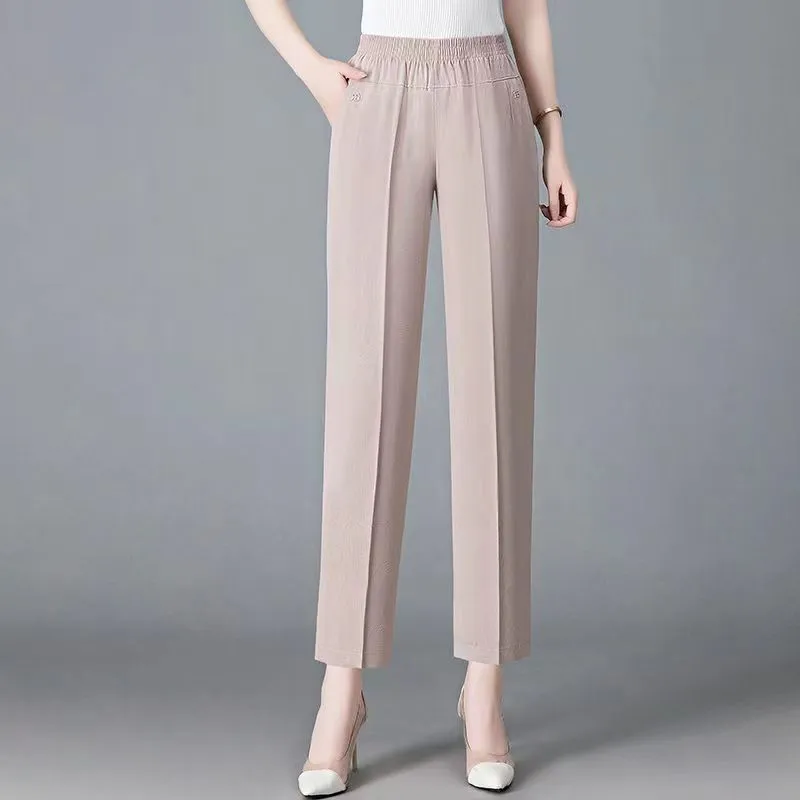XD Middle-Aged and Elderly Women's Summer Short-Sleeved T-shirt Fashion Ice Silk Knitted Shirt Western Style Mother Thin Solid Color Two-Piece Suit